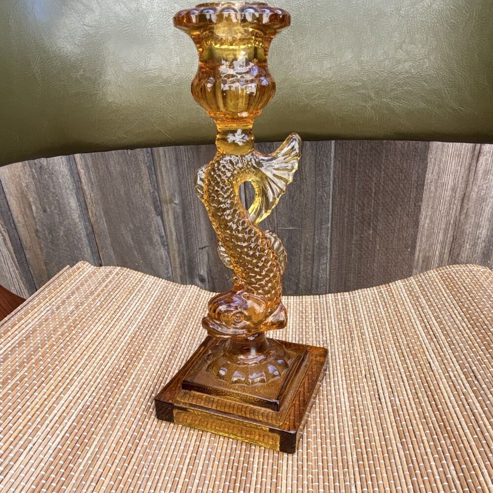 Vintage Imperial Amber Glass Fish Candle Holder 9 in Tall Square Base 4 x 4 in